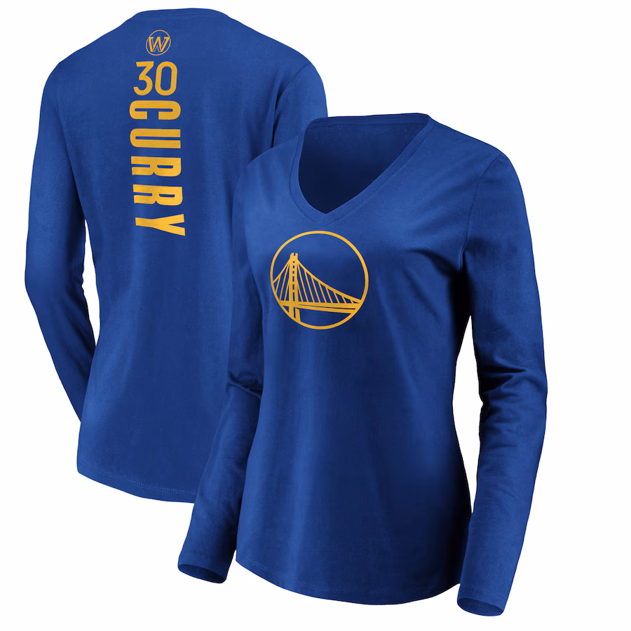 Women's Golden State Warriors Stephen Curry Royal Playmaker Name & Number Long Sleeve V-Neck T-Shirt - ujerseystore