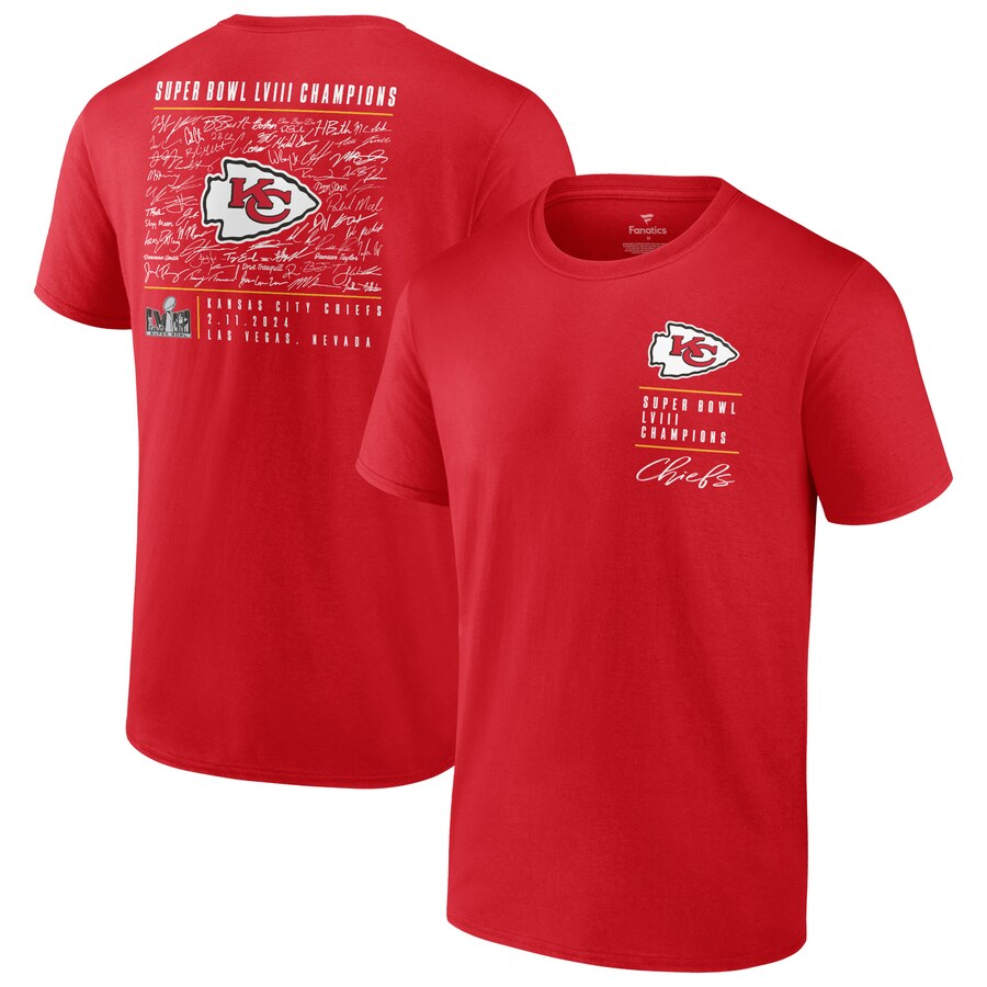 Men's Kansas City Chiefs Fanatics Red Super Bowl LVIII Champions Roster Autograph Signing T-Shirt - ujerseystore