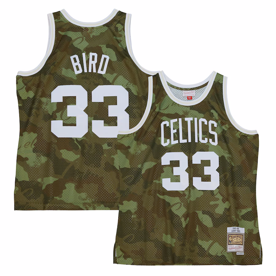 Men's Boston Celtics Larry Bird Mitchell & Ness Camo Hardwood Classics 1985/86 Ghost Green Swingman Jersey - ujerseystore