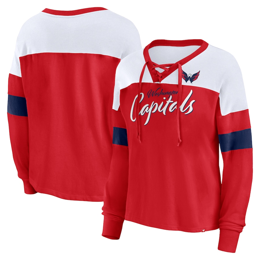 Women's Washington Capitals Fanatics Red Take the Shot Long Sleeve Lace-Up V-Neck T-Shirt - ujerseystore