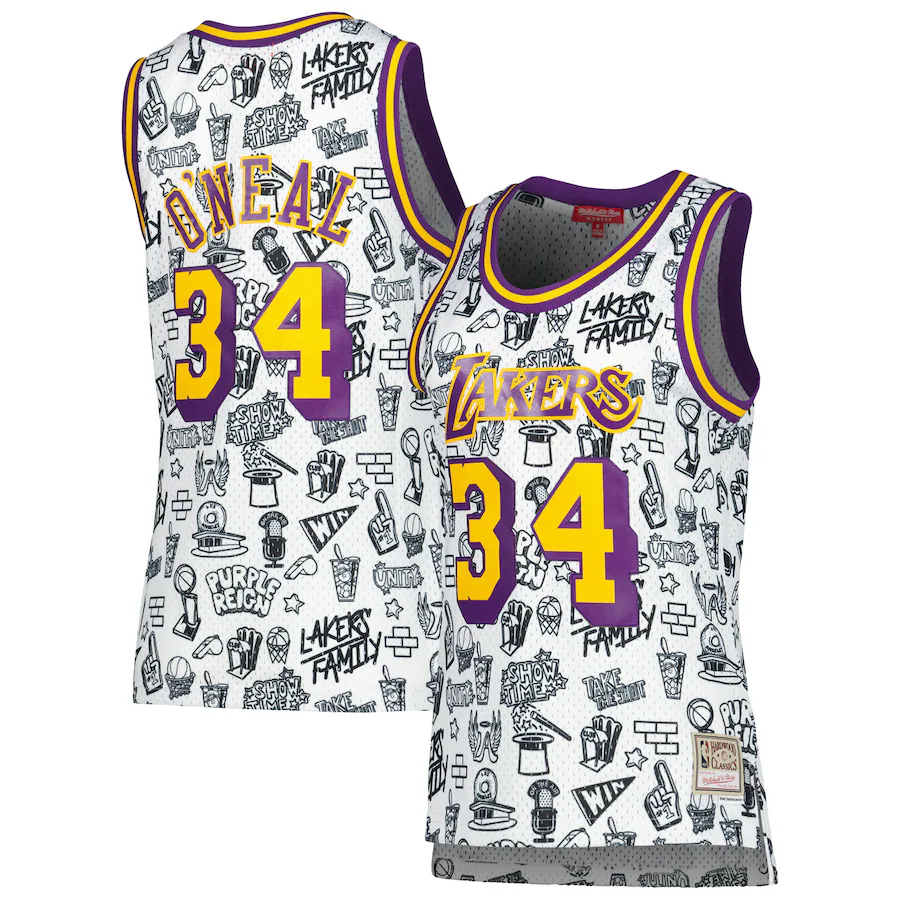 Women's Los Angeles Lakers Shaquille O'Neal Mitchell & Ness White 1996 Doodle Swingman Jersey - ujerseystore