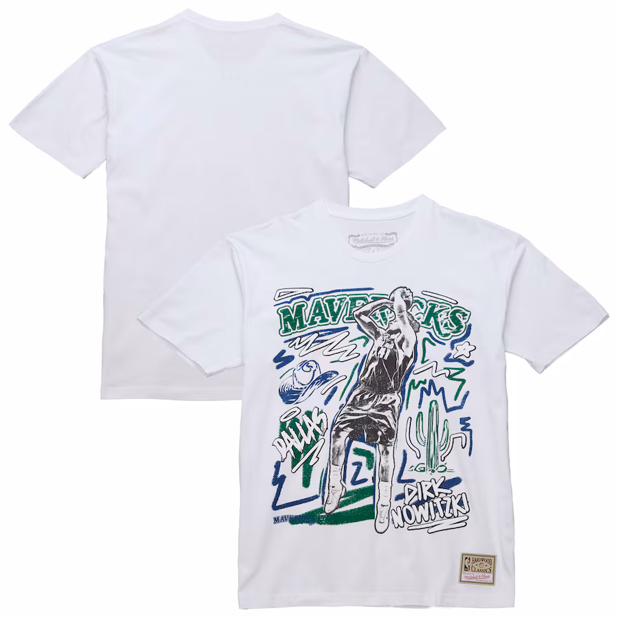 Men's Dallas Mavericks Dirk Nowitzki Mitchell & Ness White Hardwood Classics Chalked Up T-Shirt - ujerseystore