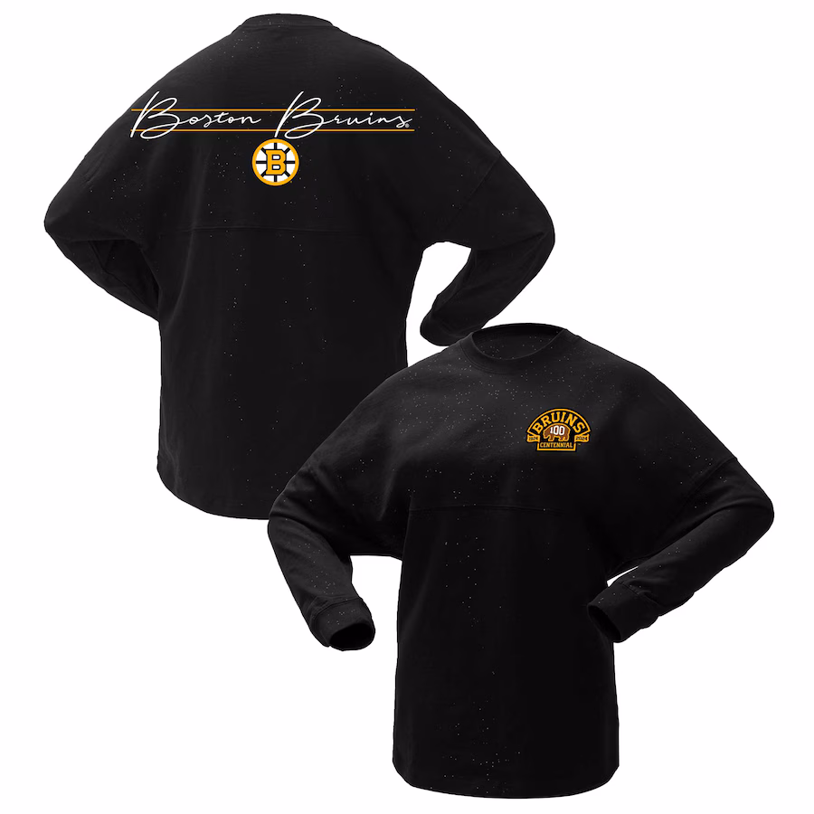 Women's Boston Bruins Fanatics Black 100th Anniversary Sparkle Spirit Jersey T-Shirt - ujerseystore