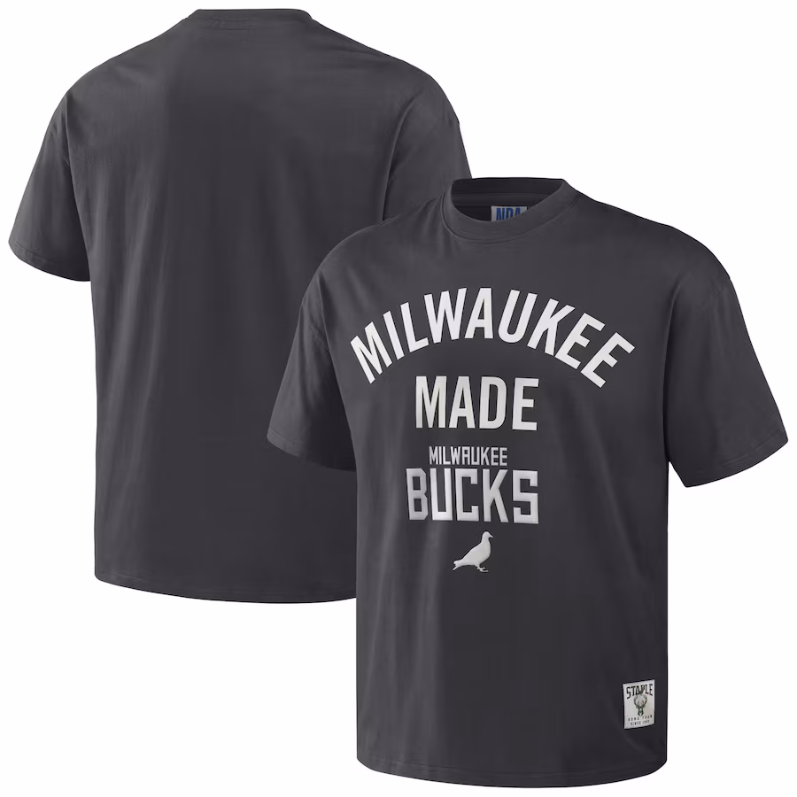Men's Milwaukee Bucks NBA x Staple Anthracite Heavyweight Oversized T-Shirt - ujerseystore