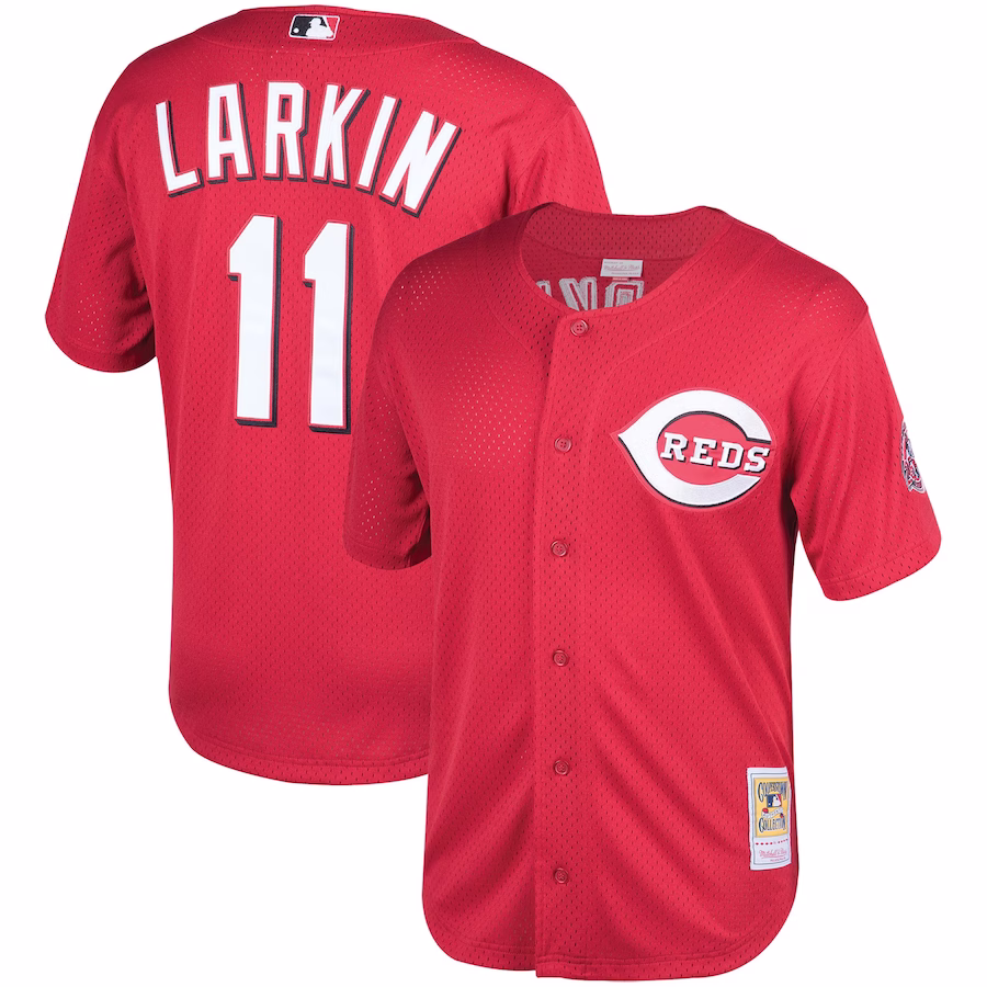 Men's Cincinnati Reds Barry Larkin Mitchell & Ness Red Throwback Cooperstown Mesh Batting Practice Jersey - ujerseystore