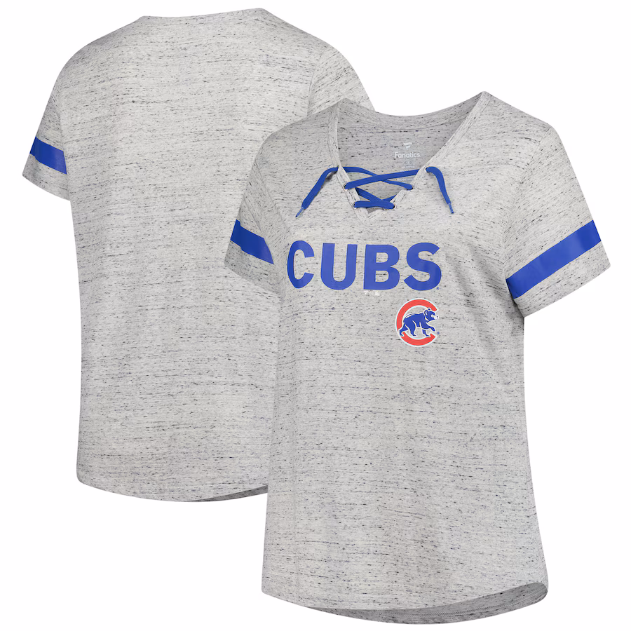 Women's Chicago Cubs Profile Heather Gray Raglan Lace-Up Fleck T-Shirt - ujerseystore