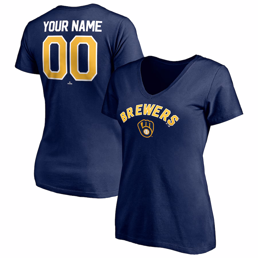 Women's Milwaukee Brewers Navy Personalized Winning Streak Name & Number V-Neck T-Shirt - ujerseystore