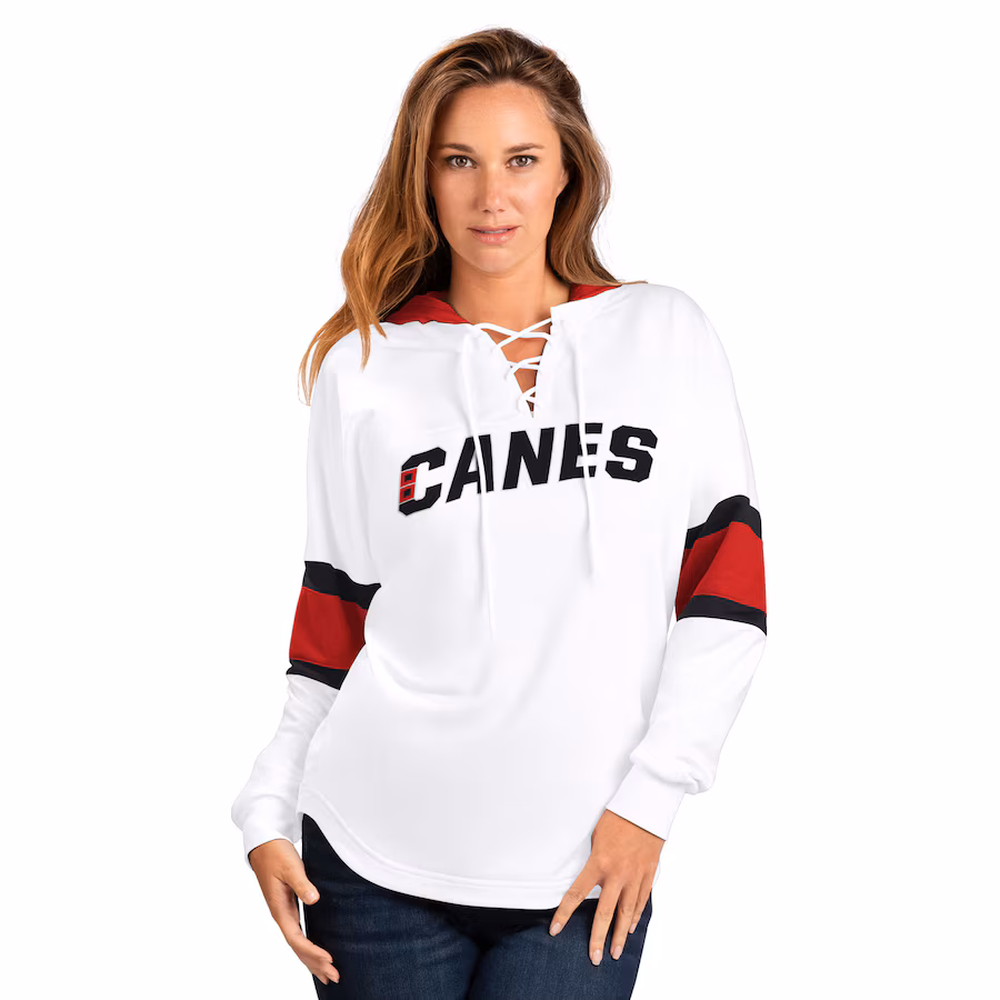 Women's Carolina Hurricanes G-III 4Her by Carl Banks White/Red Goal Zone Long Sleeve Lace-Up Hoodie T-Shirt - ujerseystore