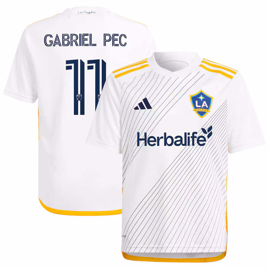 Youth LA Galaxy Gabriel Pec adidas White 2024 Angelino Kit Replica Player Jersey - ujerseystore