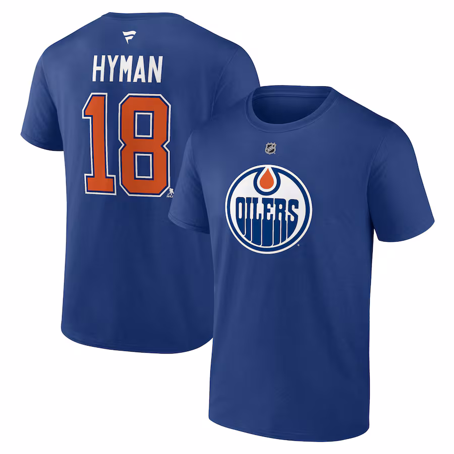 Men's Edmonton Oilers Zach Hyman Fanatics Blue Authentic Stack Name & Number T-Shirt - ujerseystore