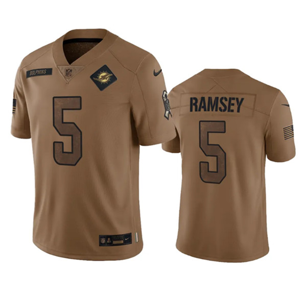 Men's Miami Dolphins #5 Jalen Ramsey 2023 Brown Salute To Service Limited Football Stitched Jersey - ujerseystore