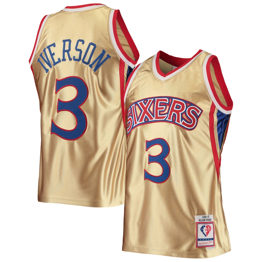Men's Philadelphia 76ers Allen Iverson Gold Mitchell & Ness 75th Anniversary 1996/97 Hardwood Classics Swingman Jersey - ujerseystore