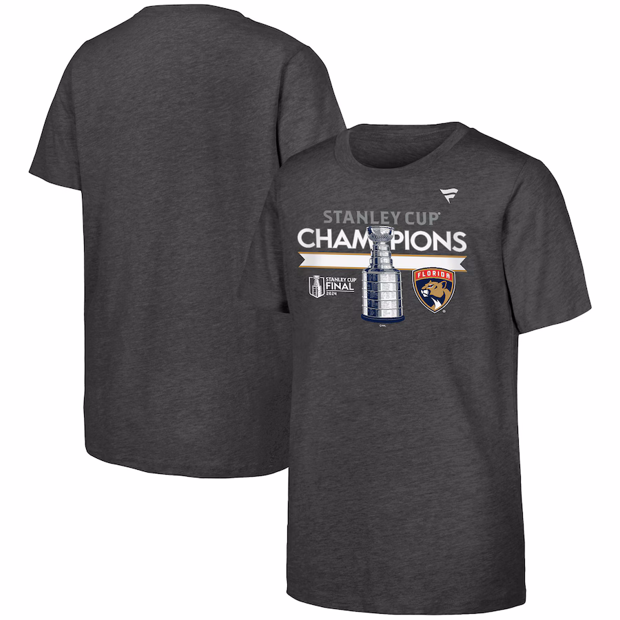 Youth Florida Panthers Fanatics Heather Charcoal 2024 Stanley Cup Champions Locker Room T-Shirt - ujerseystore