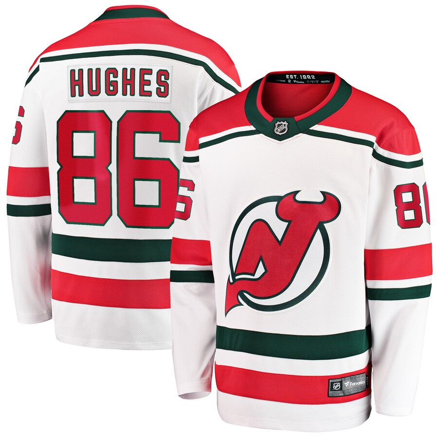 Men's New Jersey Devils Jack Hughes Fanatics Branded White 2022/23 Heritage Premier Breakaway Jersey - ujerseystore