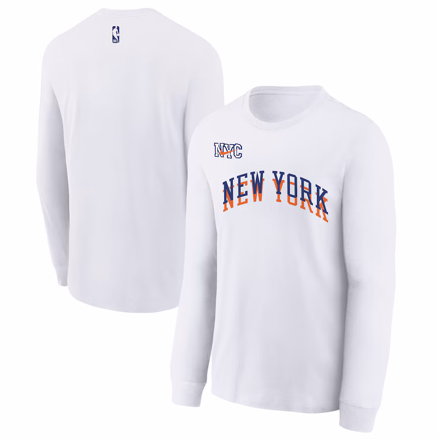 Youth New York Knicks  Nike White 2024/25 City Edition Wordmark Performance Long Sleeve T-Shirt - ujerseystore
