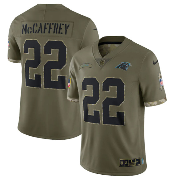 Men's Carolina Panthers #22 Christian McCaffrey 2022 Olive Salute To Service Limited Stitched Jersey - ujerseystore