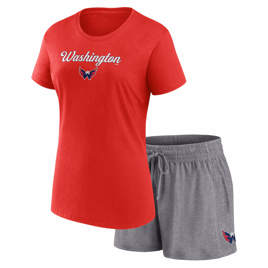 Women's Washington Capitals Fanatics Red/Heather Gray Script T-Shirt & Shorts Set - ujerseystore