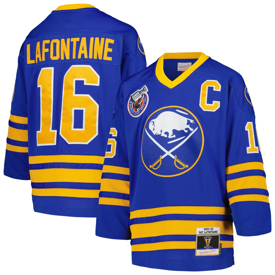 Youth Buffalo Sabres Pat LaFontaine Mitchell & Ness Royal Captain Patch 1992 Blue Line Player Jersey - ujerseystore