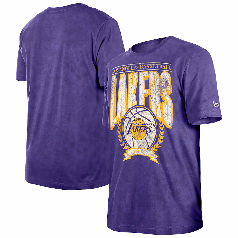 Men's Los Angeles Lakers  New Era Purple Hardwood Classics Oversized Boxy Mineral Wash T-Shirt - ujerseystore