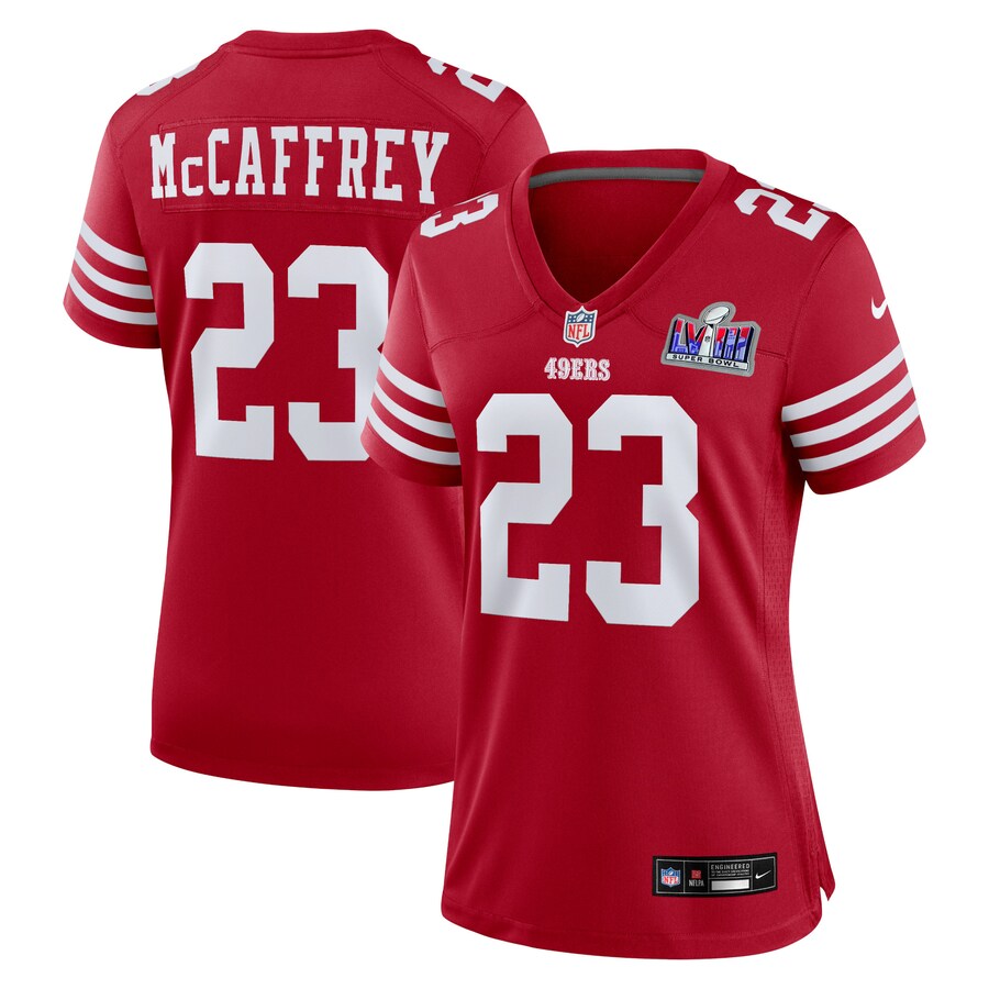 Women's San Francisco 49ers Christian McCaffrey Nike Scarlet Super Bowl LVIII Game Jersey - ujerseystore
