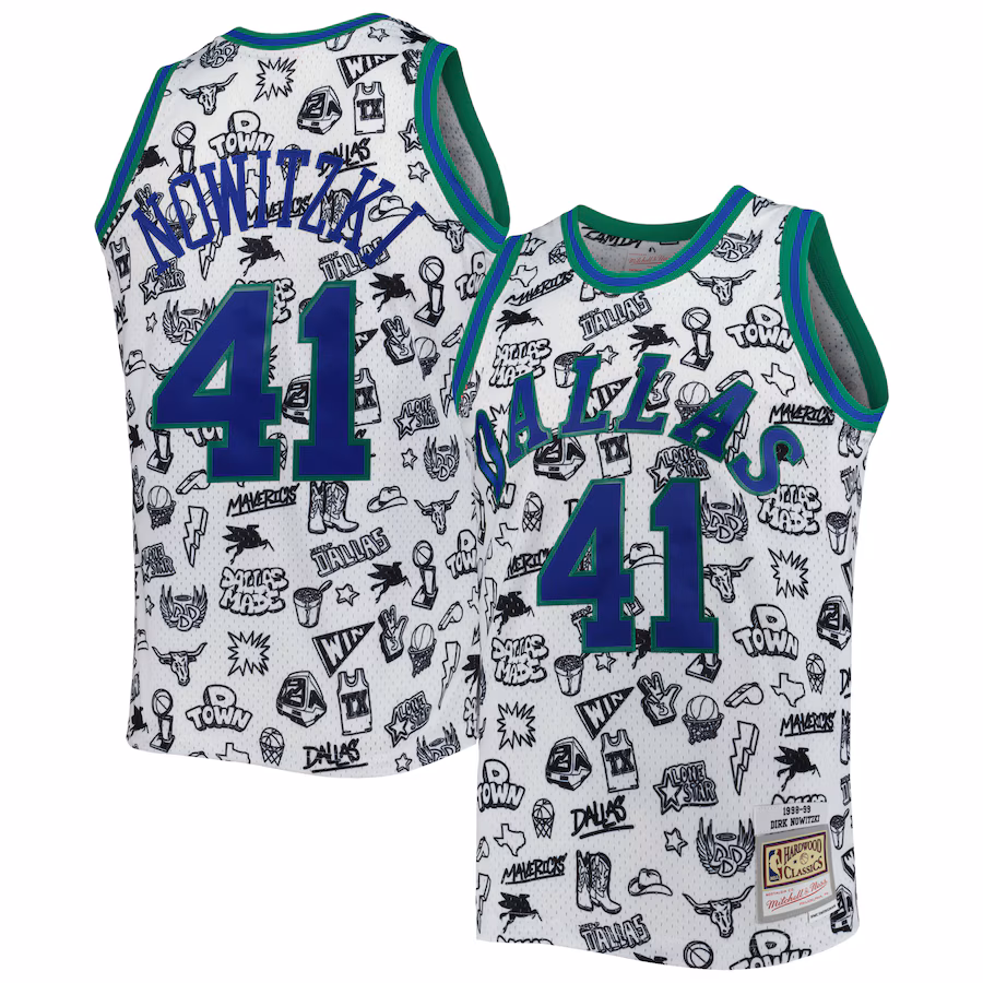 Men's Dallas Mavericks Dirk Nowitzki Mitchell & Ness White 1998/99 Hardwood Classics Doodle Swingman Jersey - ujerseystore