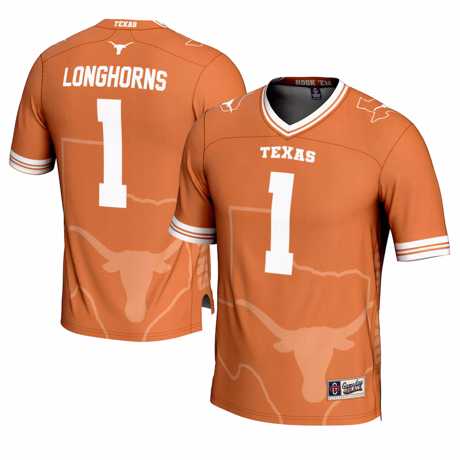 Men's GameDay Greats #1 Texas Orange Texas Longhorns Icon Print Football Fashion Jersey - ujerseystore