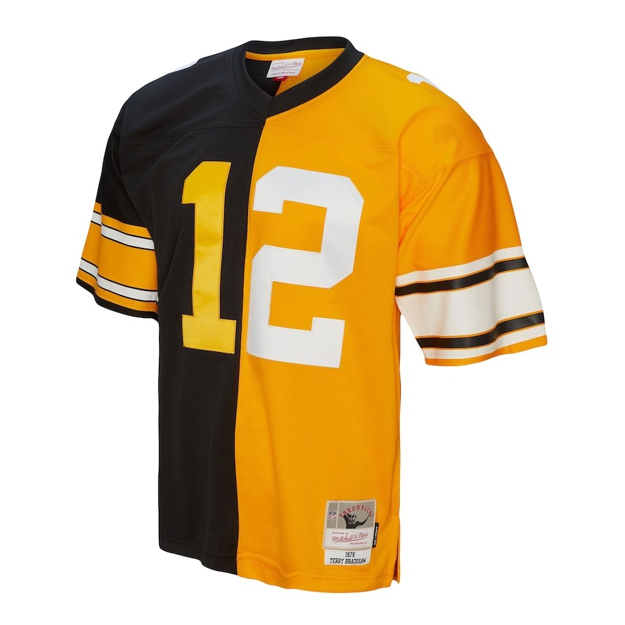 Men's Pittsburgh Steelers Terry Bradshaw Mitchell & Ness Black/Gold 1976 Split Legacy Replica Jersey - ujerseystore