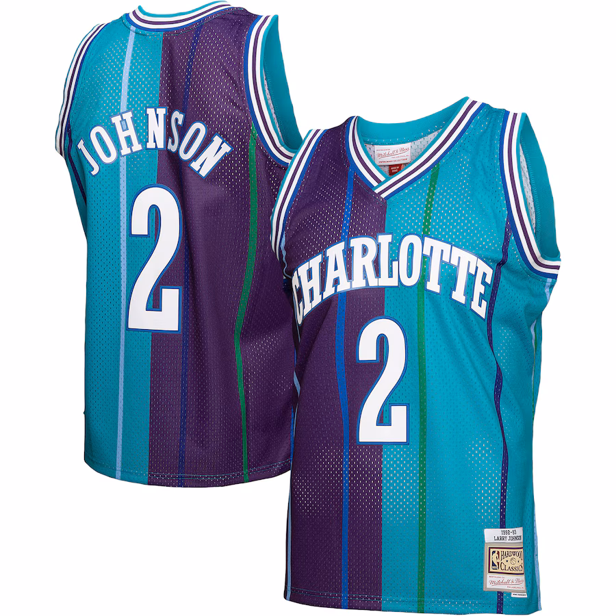 Men's Charlotte Hornets Larry Johnson Mitchell & Ness Teal/Purple Hardwood Classics 1992/93 Split Swingman Jersey - ujerseystore