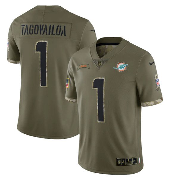Men's Miami Dolphins #1 Tua Tagovailoa 2022 Olive Salute To Service Limited Stitched Jersey - ujerseystore
