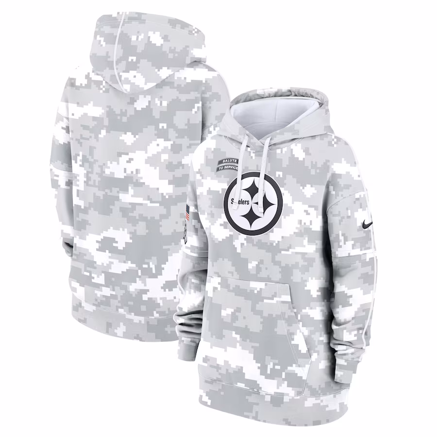 Women's Pittsburgh Steelers Nike Arctic Camo 2024 Salute To Service Club Fleece Pullover Hoodie - ujerseystore