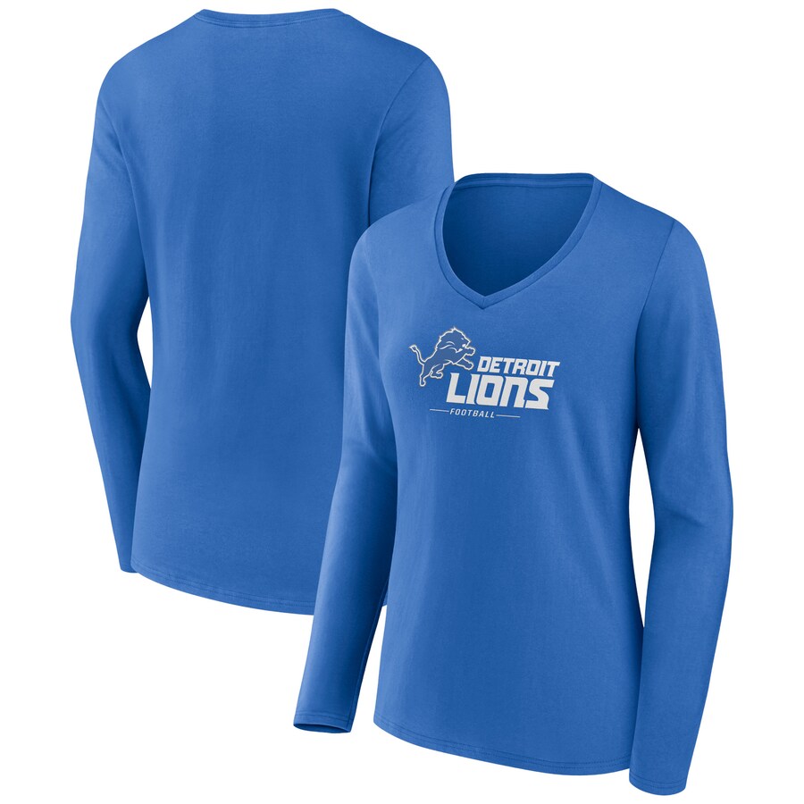 Women's Detroit Lions Blue Logo Team Lockup Long Sleeve V-Neck T-Shirt - ujerseystore
