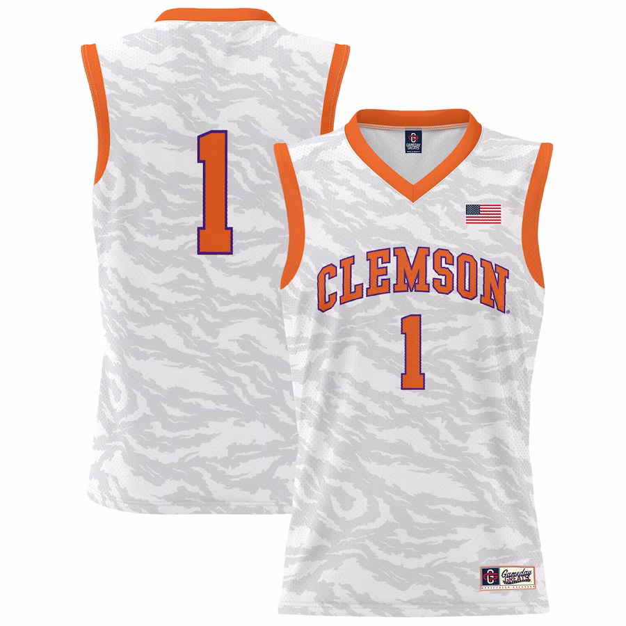 #1 Clemson Tigers GameDay Greats Youth Tiger Print Lightweight Basketball Jersey - White - ujerseystore