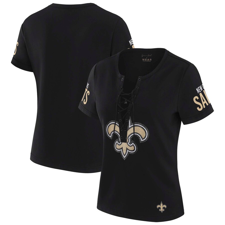 Women's New Orleans Saints WEAR by Erin Andrews x Gracie Hunt Black Draft Me Lace-Up T-Shirt - ujerseystore