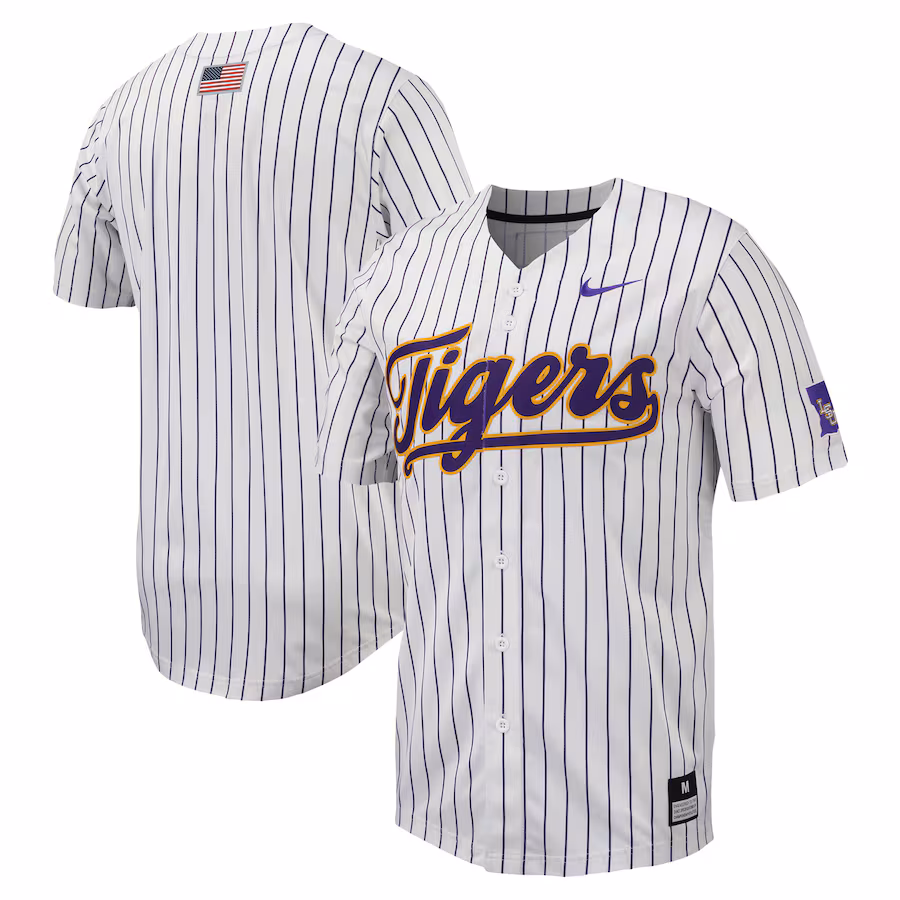 LSU Tigers Nike Pinstripe Replica Full-Button Baseball Jersey - White/Purple - ujerseystore