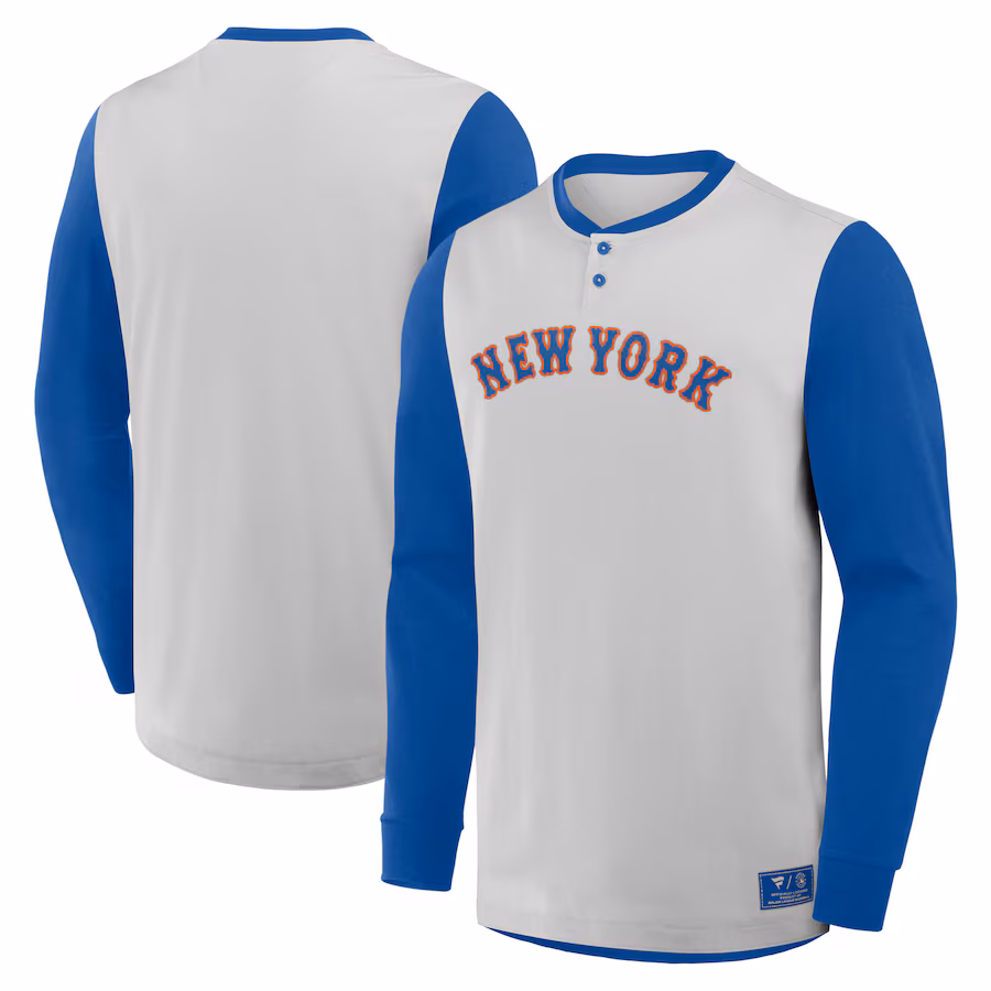 Men's New York Mets Fanatics Gray/Royal Clubhouse Long Sleeve Henley Shirt - ujerseystore