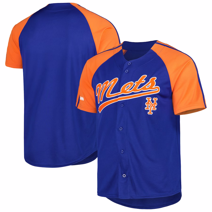 Men's New York Mets Stitches Royal Button-Down Raglan Fashion Jersey - ujerseystore