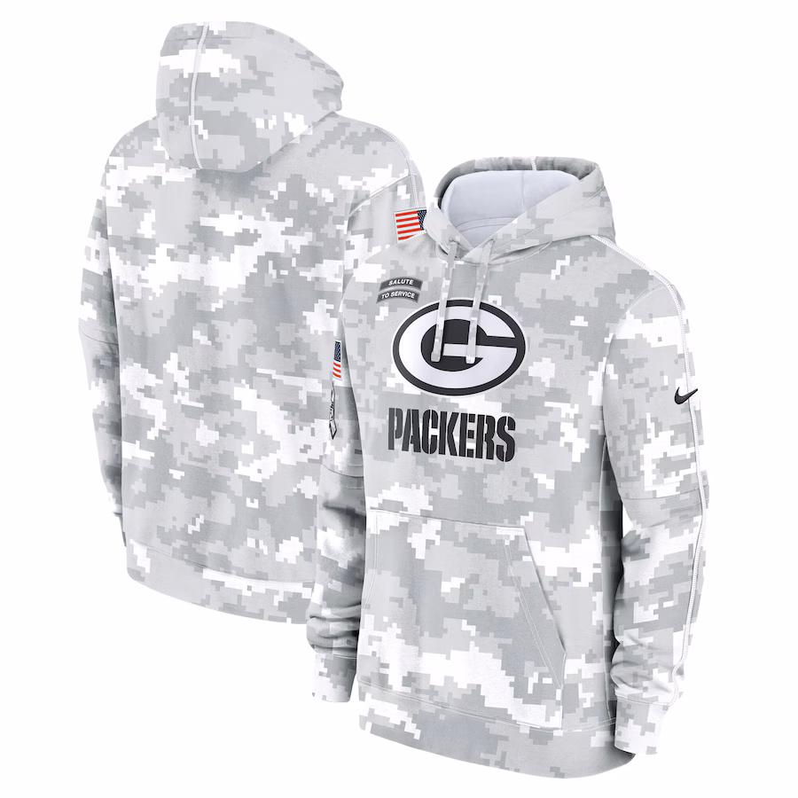 Men's Green Bay Packers Nike Arctic Camo 2024 Salute to Service Club Fleece Pullover Hoodie - ujerseystore