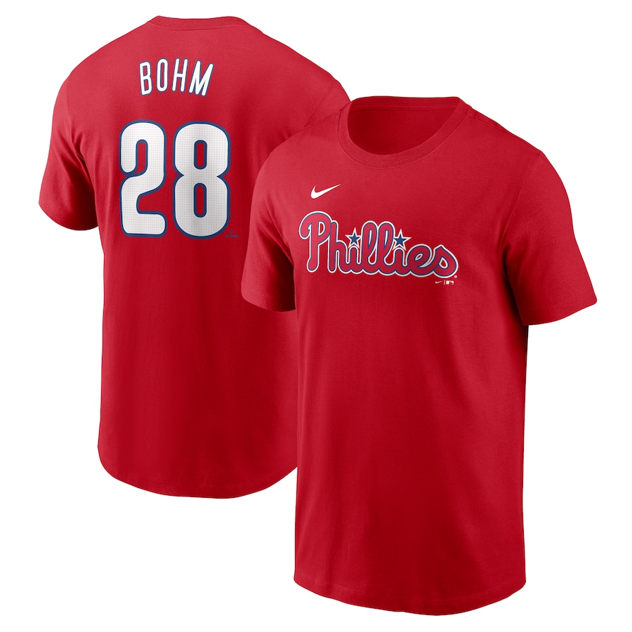 Men's Philadelphia Phillies Alec Bohm Nike Red Fuse Name & Number T-Shirt - ujerseystore