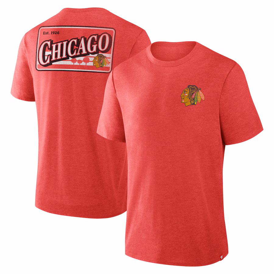 Men's Chicago Blackhawks Fanatics Heather Red Fan Lanes Tri-Blend T-Shirt - ujerseystore
