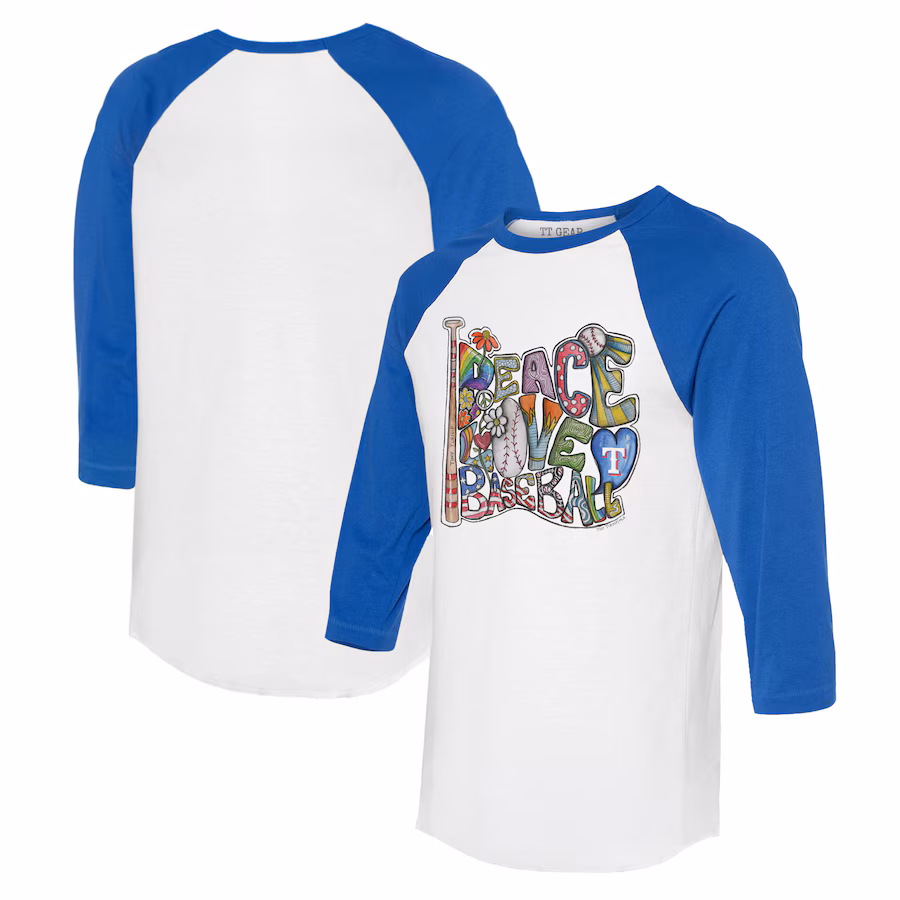 Women's Texas Rangers Tiny Turnip White/Royal Peace Love Baseball 3/4-Sleeve Raglan T-Shirt - ujerseystore