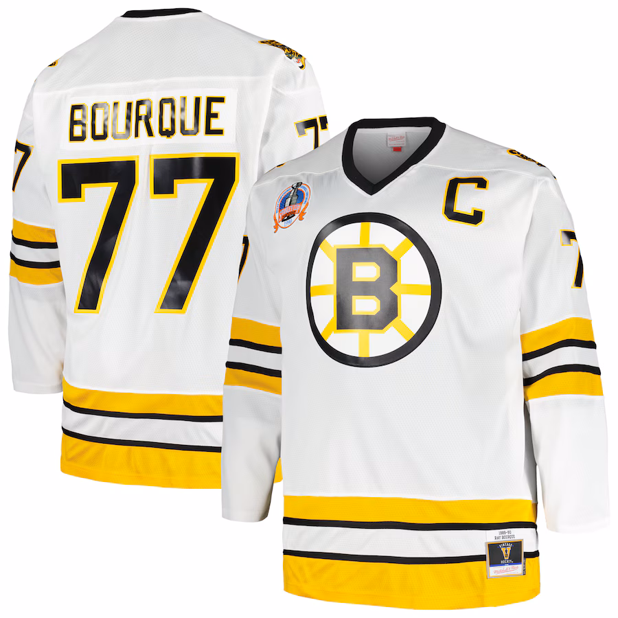 Men's Boston Bruins Ray Bourque Mitchell & Ness White Big & Tall Captain Patch Blue Line Player Jersey - ujerseystore