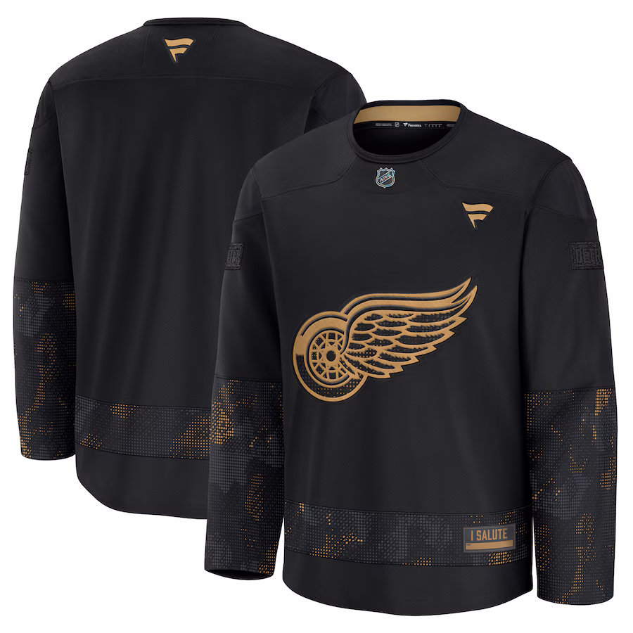 Men's Detroit Red Wings Fanatics Black 2024 Military Appreciation Practice Jersey - ujerseystore
