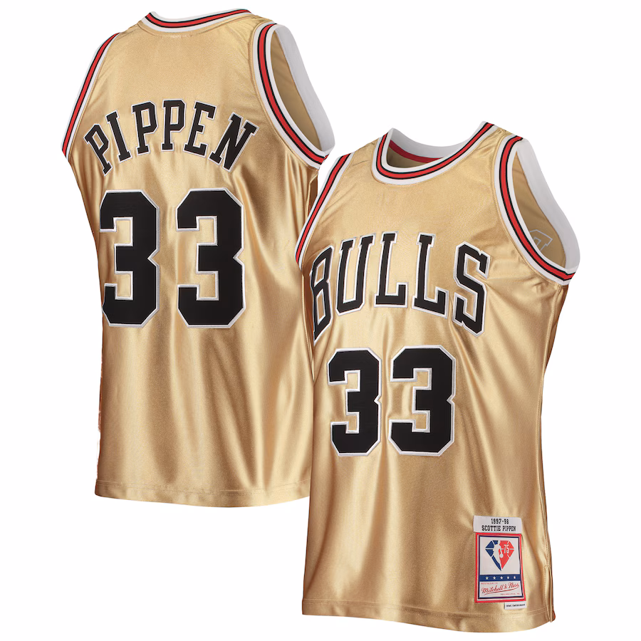 Men's Chicago Bulls Scottie Pippen Gold Mitchell & Ness 75th Anniversary 1997/98 Hardwood Classics Swingman Jersey - ujerseystore