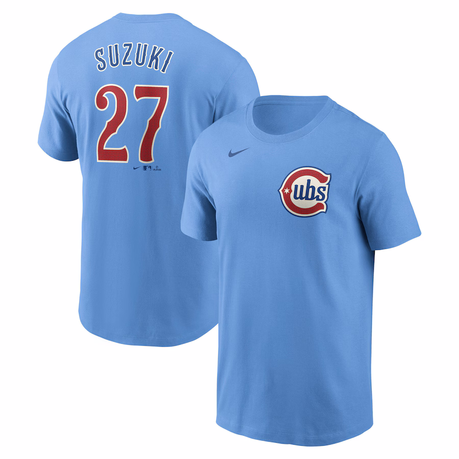 Men's Chicago Cubs Seiya Suzuki Nike Baby Blue Fuse Name & Number T-Shirt - ujerseystore