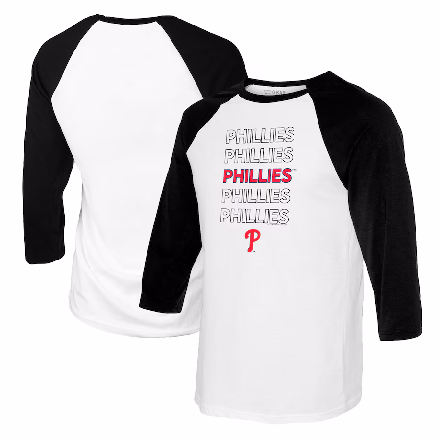 Women's Philadelphia Phillies Tiny Turnip White/Black Stacked 3/4-Sleeve Raglan T-Shirt - ujerseystore
