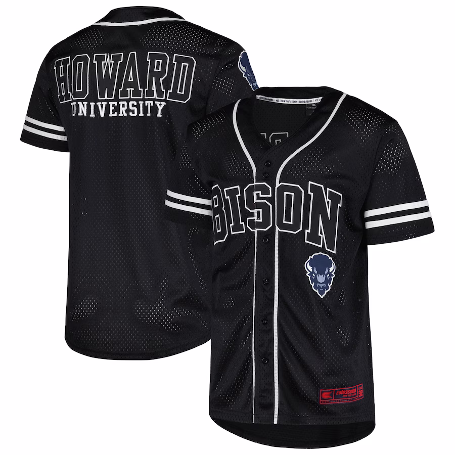Howard Bison Colosseum Free Spirited Mesh Button-Up Baseball Jersey - Black - ujerseystore
