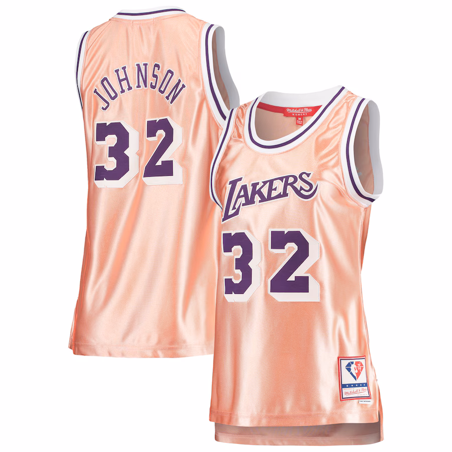 Women's Los Angeles Lakers Magic Johnson Mitchell & Ness Pink 75th Anniversary Rose Gold 1984 Swingman Jersey - ujerseystore