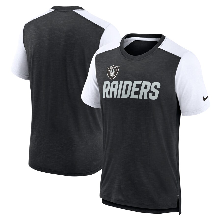 Men's Las Vegas Raiders Nike Heathered Black/White Color Block Team Name T-Shirt - ujerseystore