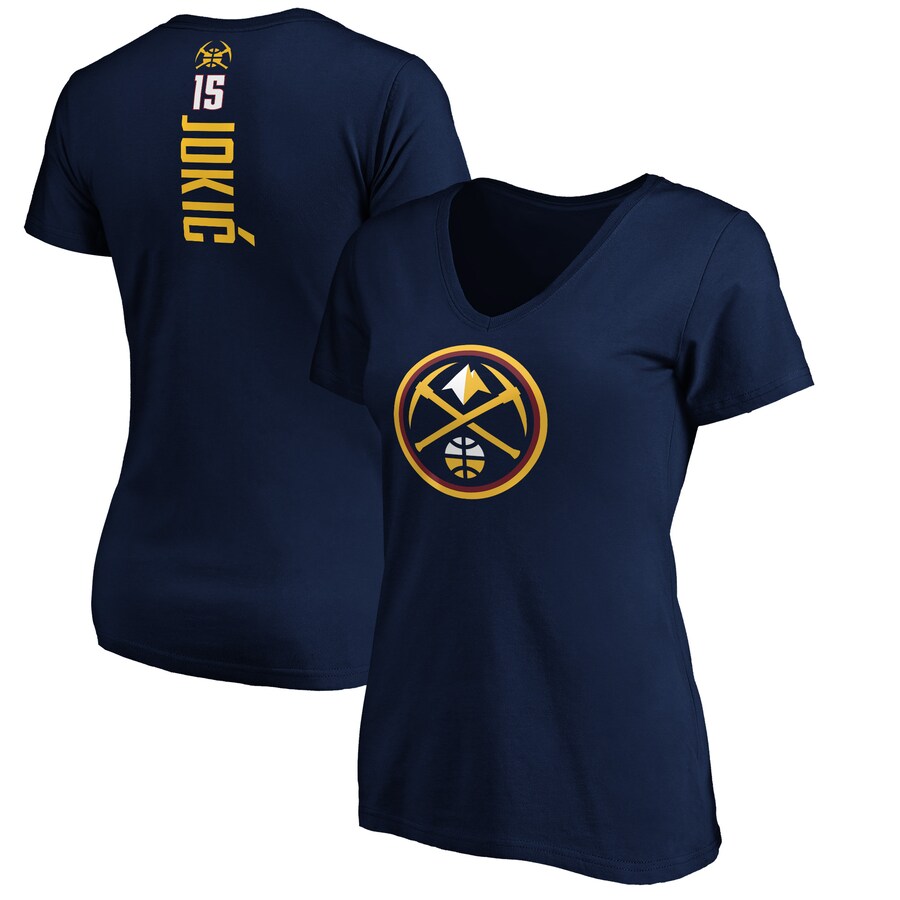 Women's Denver Nuggets Nikola Jokic Navy Playmaker Name & Number V-Neck T-Shirt - ujerseystore