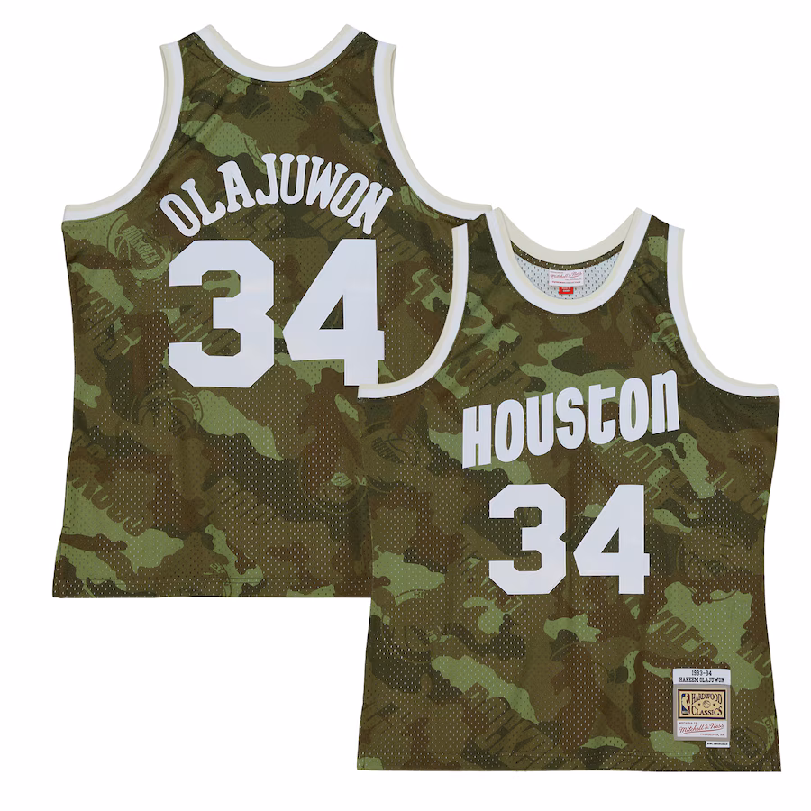 Men's Houston Rockets Hakeem Olajuwon Mitchell & Ness Camo Hardwood Classics 1993/94 Ghost Green Swingman Jersey - ujerseystore